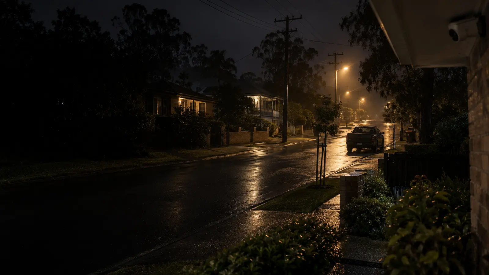 A quiet Australian suburban street after rain, illuminated by amber streetlights.